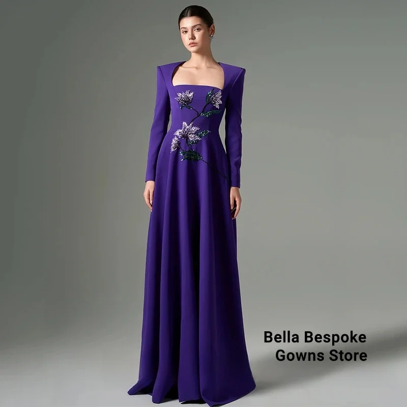 

Luxury Purple Evening Dress For Women A Line Prom Dress Floor Length Formal Party Gown Long Sleeves Beaidng Saudi Arabia Dress