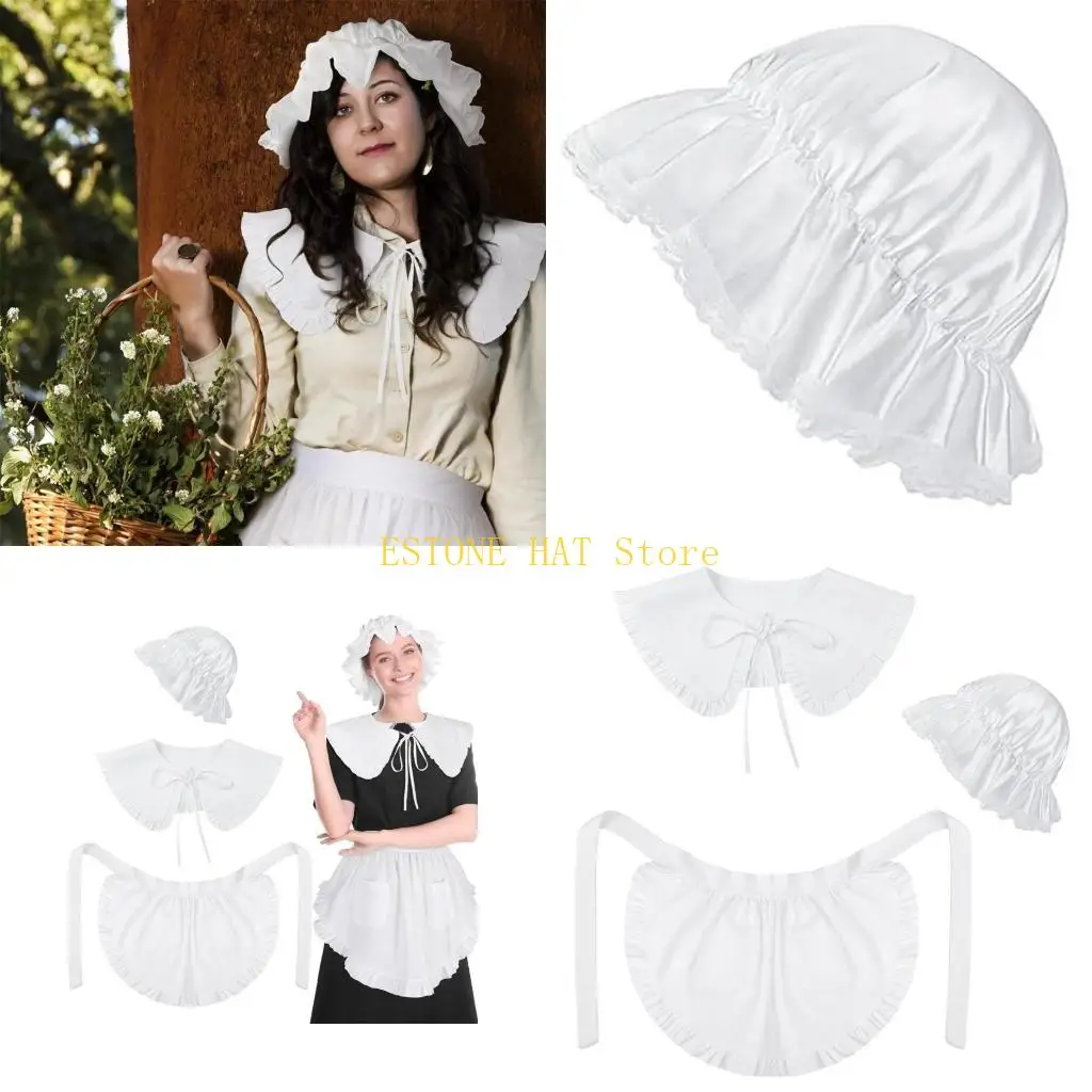 49MF Colonial Costume White Bonnet Shawl Maid Half Apron White Rufled Cap for Women