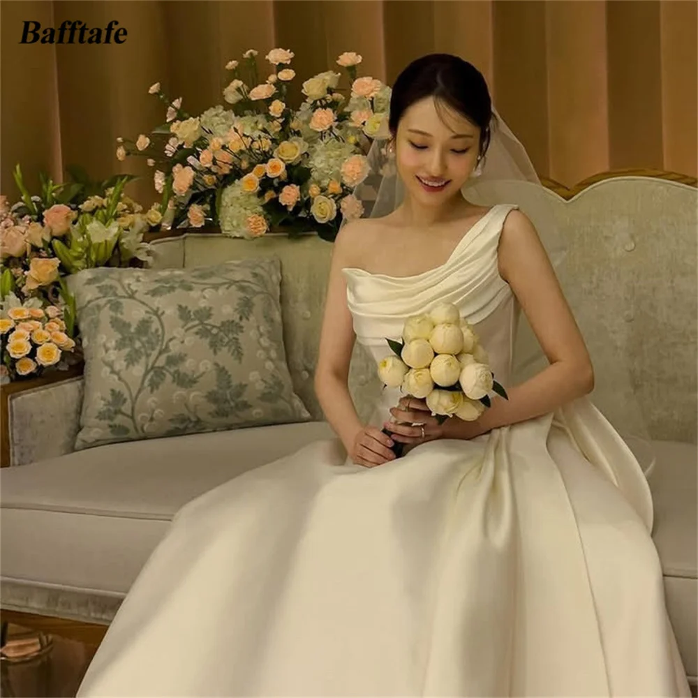 

Bafftafe A Line Satin Korea Wedding Dresses Women Customized One Shoulder Bridal Gowns Pleat Formal Wedding Photography Dress