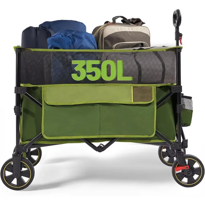 STLF Green 350L Foldable Camping Wagon with Mesh Storage-Durable Spacious for Outdoor Camping Family Outings Shopping (OEM