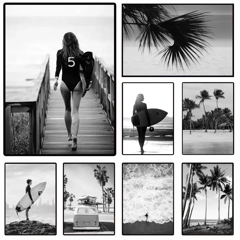 (1pc frameless)Beach Camper Van Surfing Ocean Landscape Wall Art Palm Tree Surfboard Canvas Painting Home Room Decor Poster P