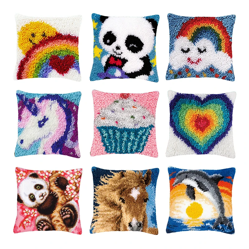 Animal rainbow Latch Hook Kits Pillow Cushion Cover DIY for Kids and Adults Gift for Needlework Crafts Pattern Printed Lattice