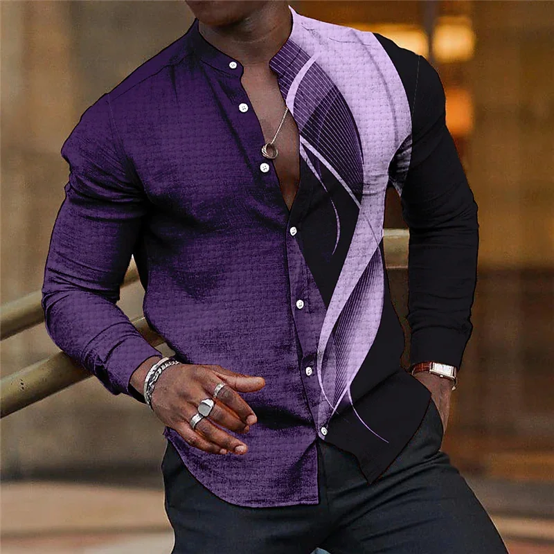 

Shirt Men Lapel Stand Collar Fashion Casual Blue Purple Geometric Outdoor Street Party High Quality Fabric 2023 New Plus Size