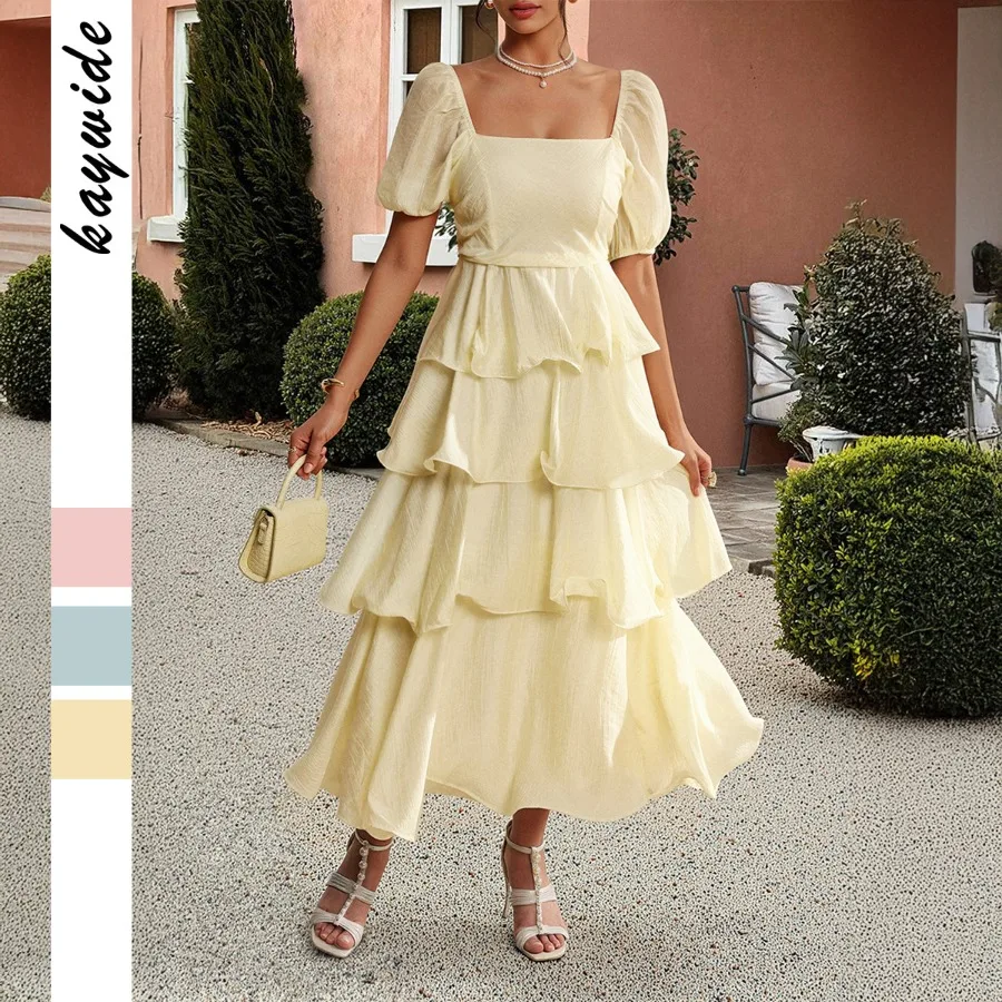 

- European and American fashion temperament elegant cake square collar dress women's clothing spring and summer hot sales on