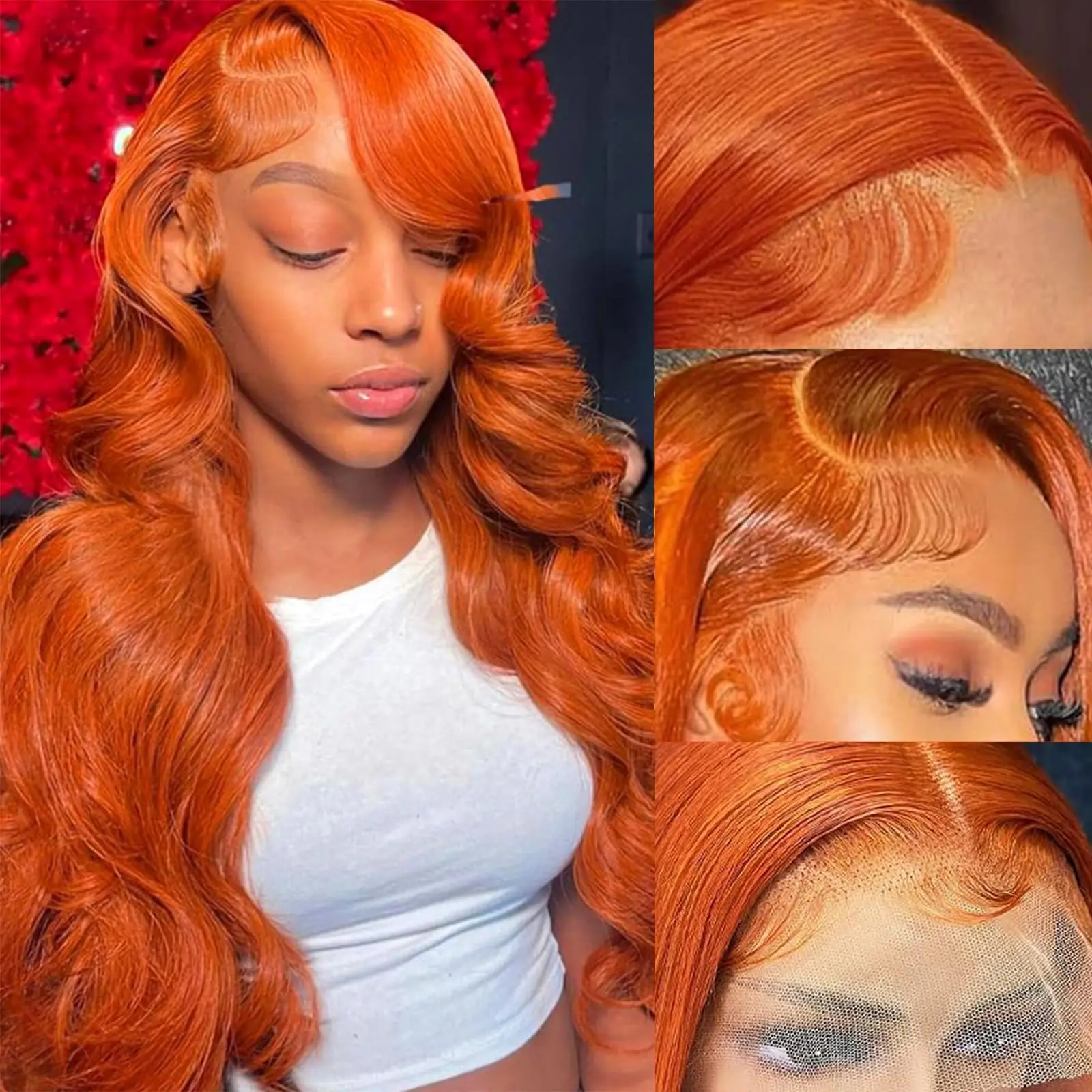 Body Wave Ginger Orange 13x6 13x4 Transparent Lace Frontal Human Hair Wig #350 Colored 32 Inch on sale For Women 200% Density