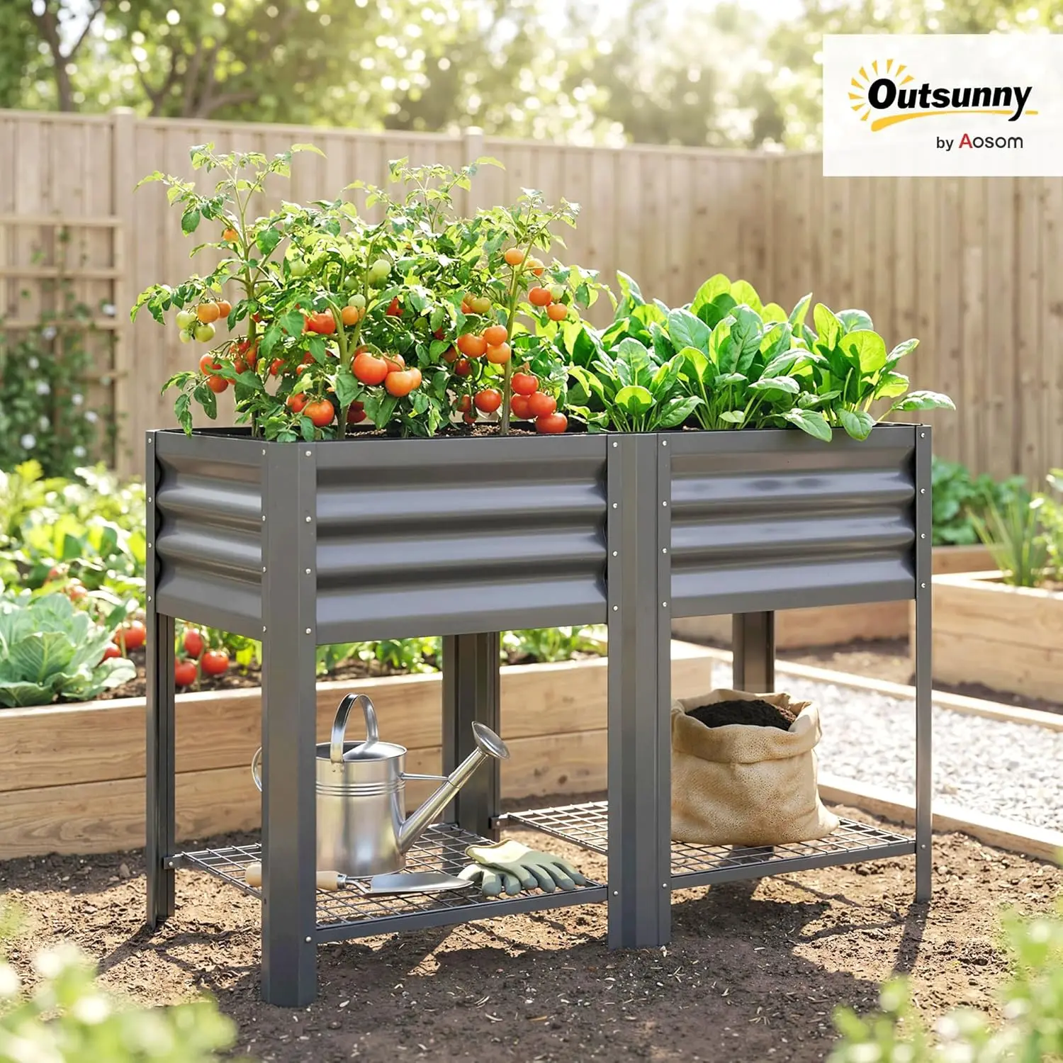 Galvanized Steel Raised Garden Bed with Storage Shelf and Bed Liner, Elevated Planter Box with Legs for Flowers, Vegetables, and Herbs, for Outdoor Patio Yard, Glove Included, Dark Gray
