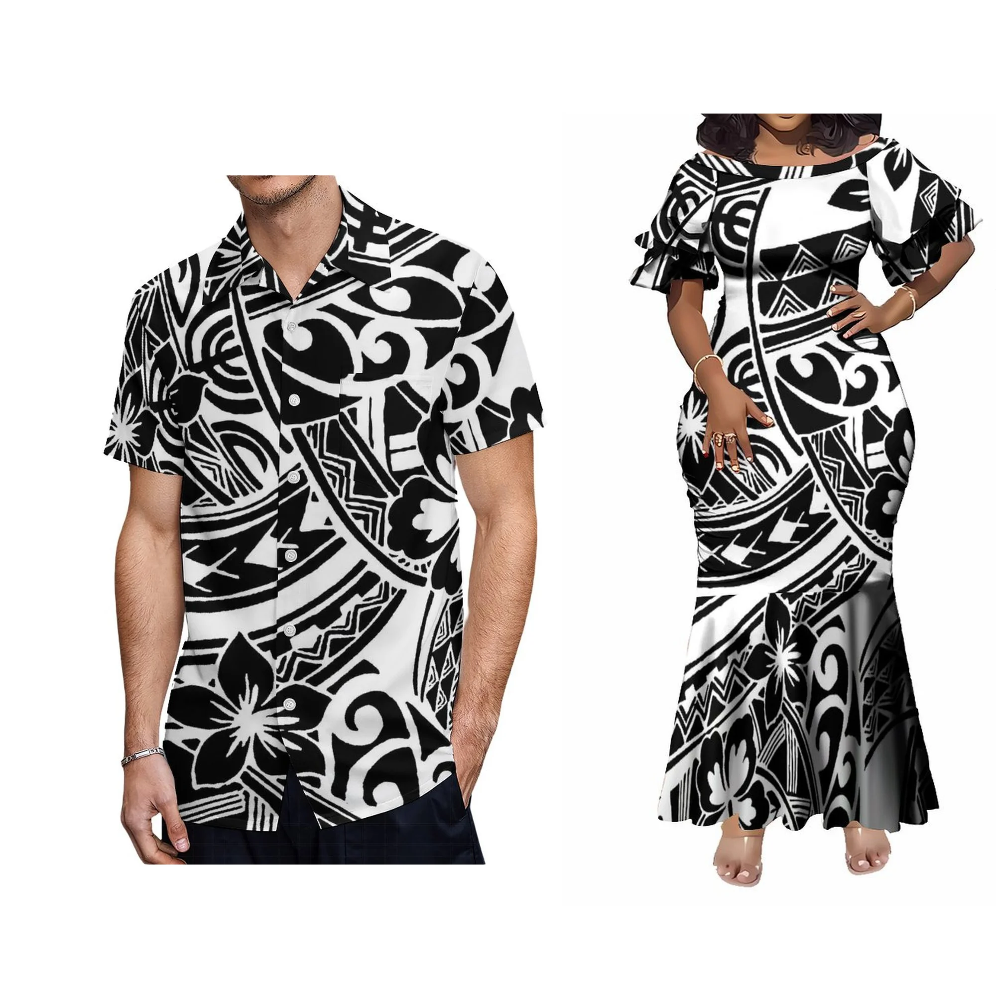Verão tripulação-pescoço saia dupla camada com punhos babados samoan impressão design fino fishtail vestido polinésia vestido feminino