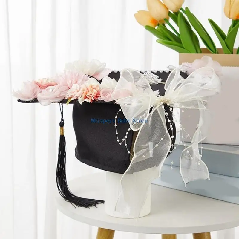 U90E School Graduation Party Hat with Flower Mortarboard Hat University Bachelor Hat