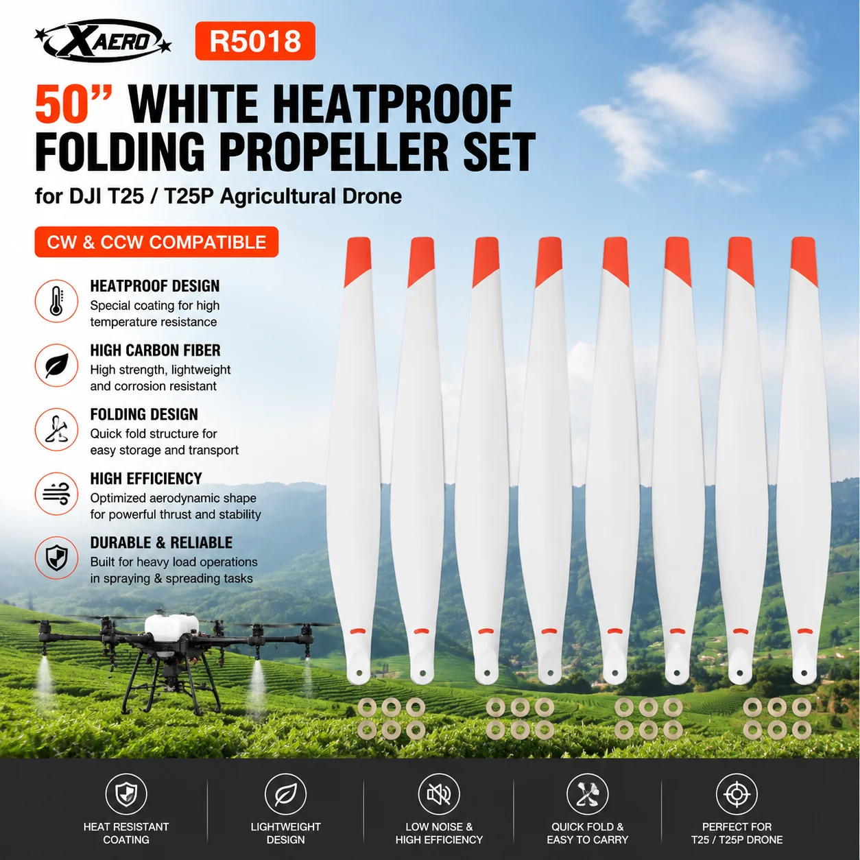 XAERO R5018 50 inch White Heatproof Propeller Set for DJI T25 T25P, High Carbon Spraying Blade CW CCW
