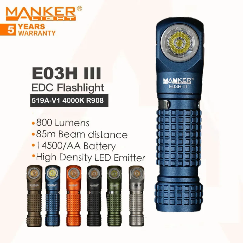 Manker E03H III Pocket Flashlight (Aluminum alloy, Blue)4000K High CRI R9080 LED,800 Lumens,Magnetic Tail,with Headlight Strap