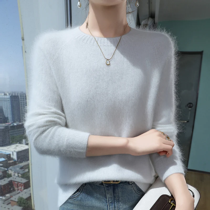 Autumn and winter new first-line ready to wear round neck pullover mink fur knitted sweater for women, loose wool base sweater