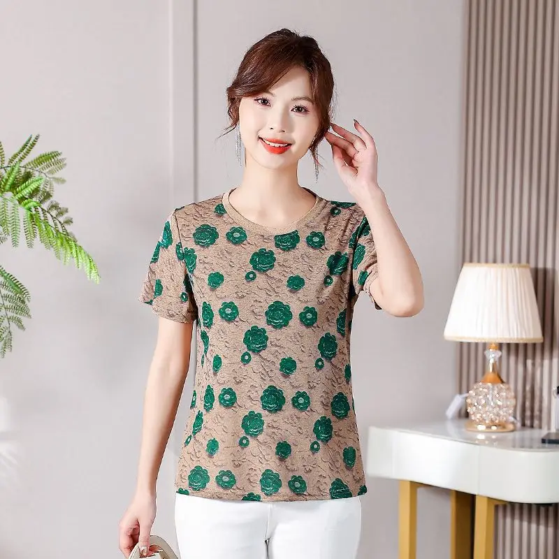New Loose Slim T-shirt Middle-aged and Elderly Mothers Fashionable and Fashionable Age-reducing Round Neck Print