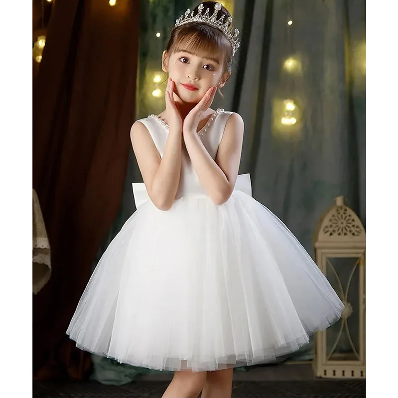 New Girls Princess Dress Summer Tulle Big Bow Girls Wedding Dress Piano Performance Costume Host Costume 2-14 Years Kids Clothes
