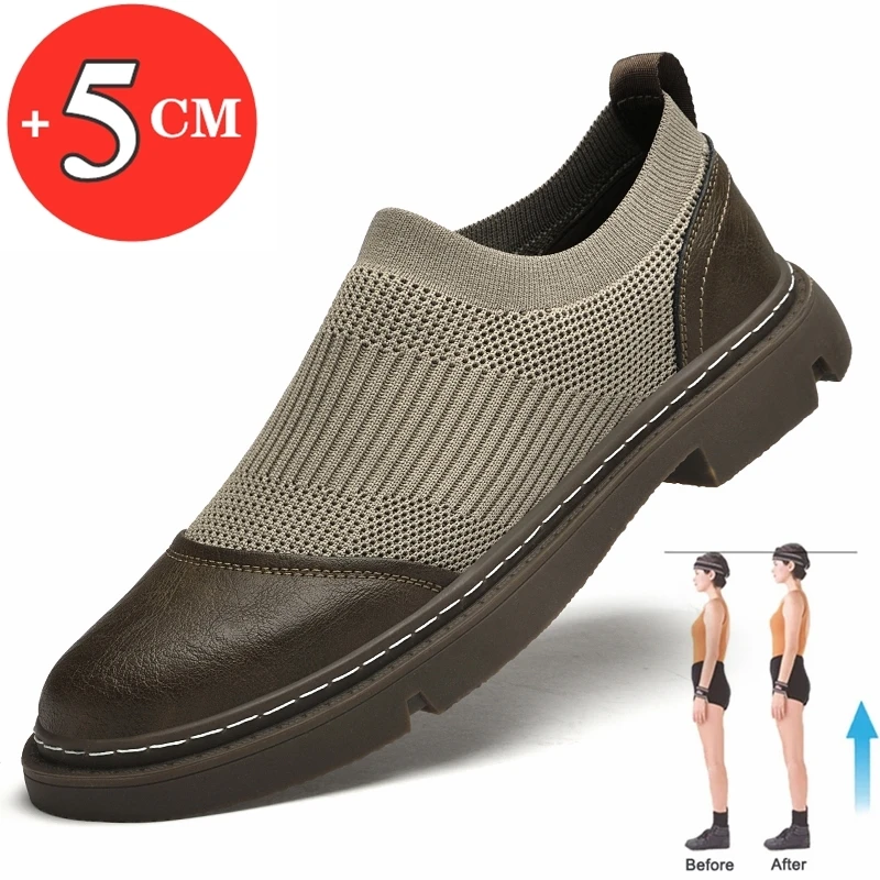 

Spring Summer Men Casual Flats/5cm Elevator Shoes Men Loafers Soft Cow Leather+mesh Man Moccasins Height Increase Taller Shoes