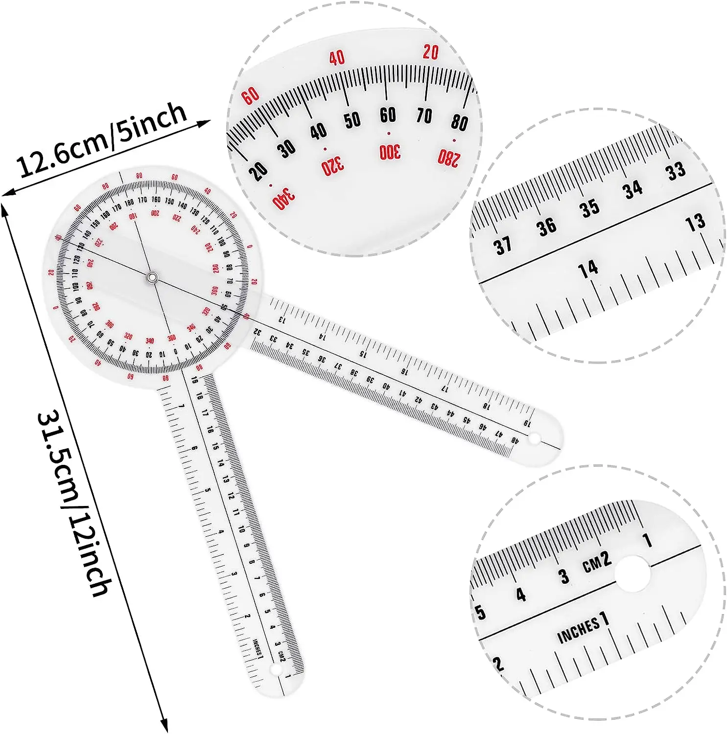 12 Inch Rangefinder Transparent Orthopedic Angle Ruler Plastic Rangefinder 360° for Body Measurement with Angle Measuring Ruler