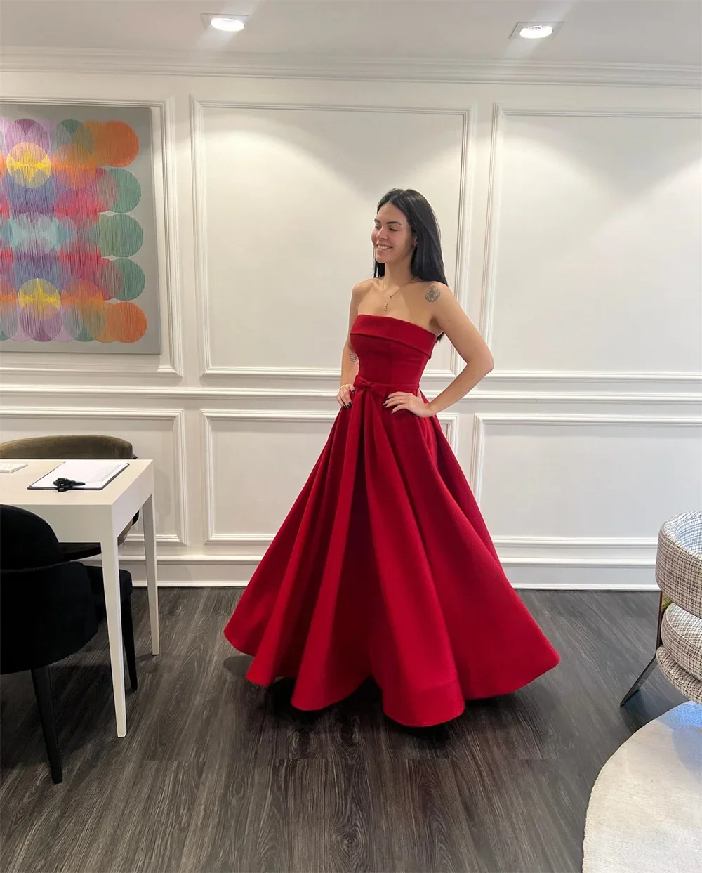 Robe de bal trapèze rouge sans bretelles, bretelles avec nœud, robe de soirée personnalisée en Satin, robes de soirée 2025