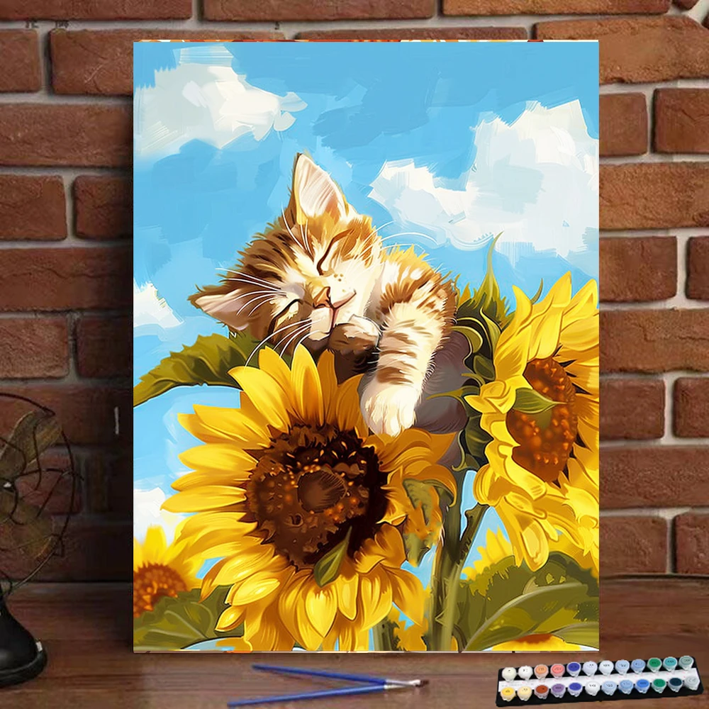 Digital painting cat sleeping on sunflower art culture digital painting handmade adult children gift wall decoration D