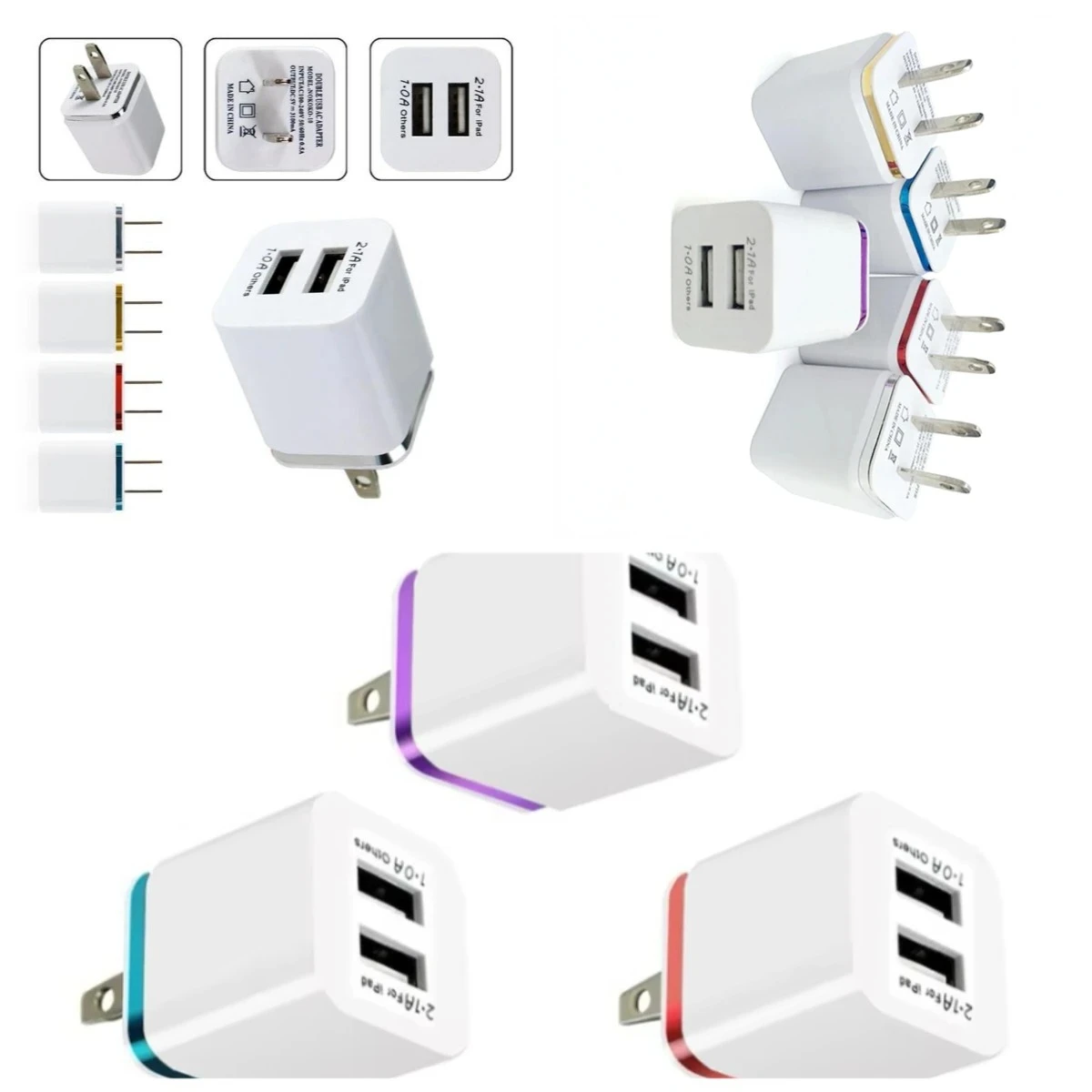 

300 шт. портативный USB-адаптер для настенного зарядного устройства с американской вилкой 2.1A 1A, двухпортовый зарядный куб для iPhone, Xiaomi, Samsung, зарядные устройства для телефонов