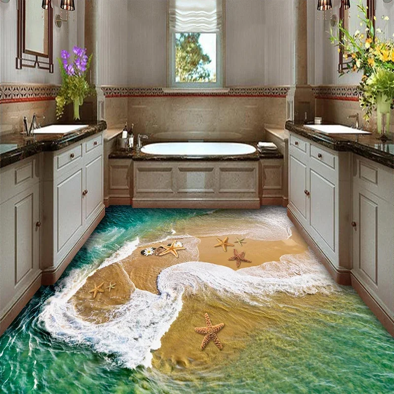 Custom Mural Sea Water Wave Starfish 3D Bathroom Floor Decoration Stickers PVC Waterproof Wall Sticker Wallpaper Home Decor 3D