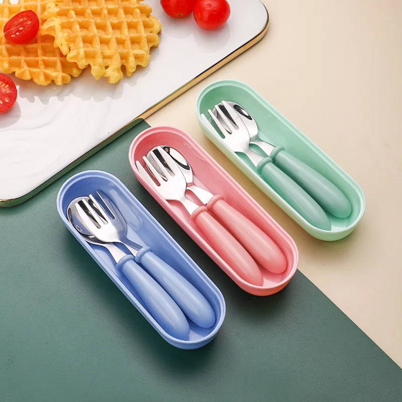 2pcs/Set Personalized Stainless Steel Tableware Set Custom Name Text Engraving Spill Proof Fork Spoon Pastel Colors Children