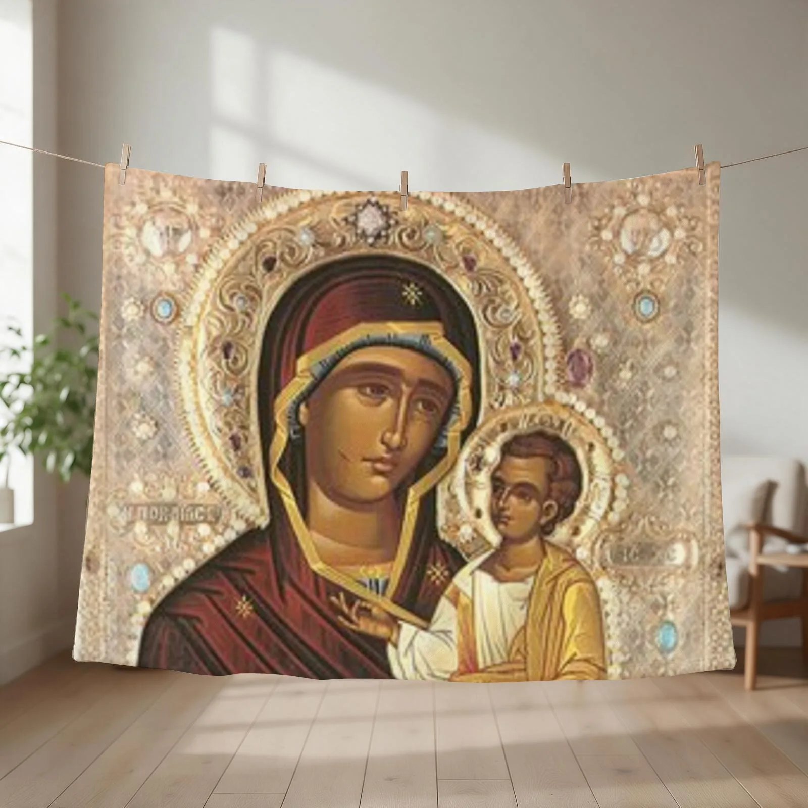 Virgin Mary and Baby Jesus: The Iveron Theotokos Throw Blanket couch cozy soft plush fuzzy picnic outdoor blanket
