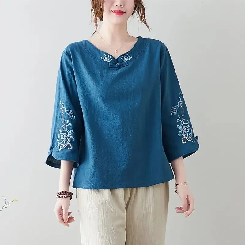 

Women Clothing Vintage Embroidery Chinese Ethnic Style Tops Cotton Linen Blouses Spring Autumn Loose Shirt 2024 LU333