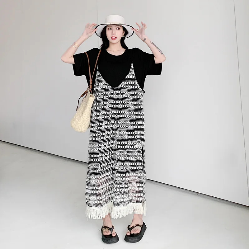 Abito lungo estivo Abito da donna con maniche corte larghe e larghe T-shirt con cinturino appeso Abito con bretelle con nappe a righe Set da due pezzi