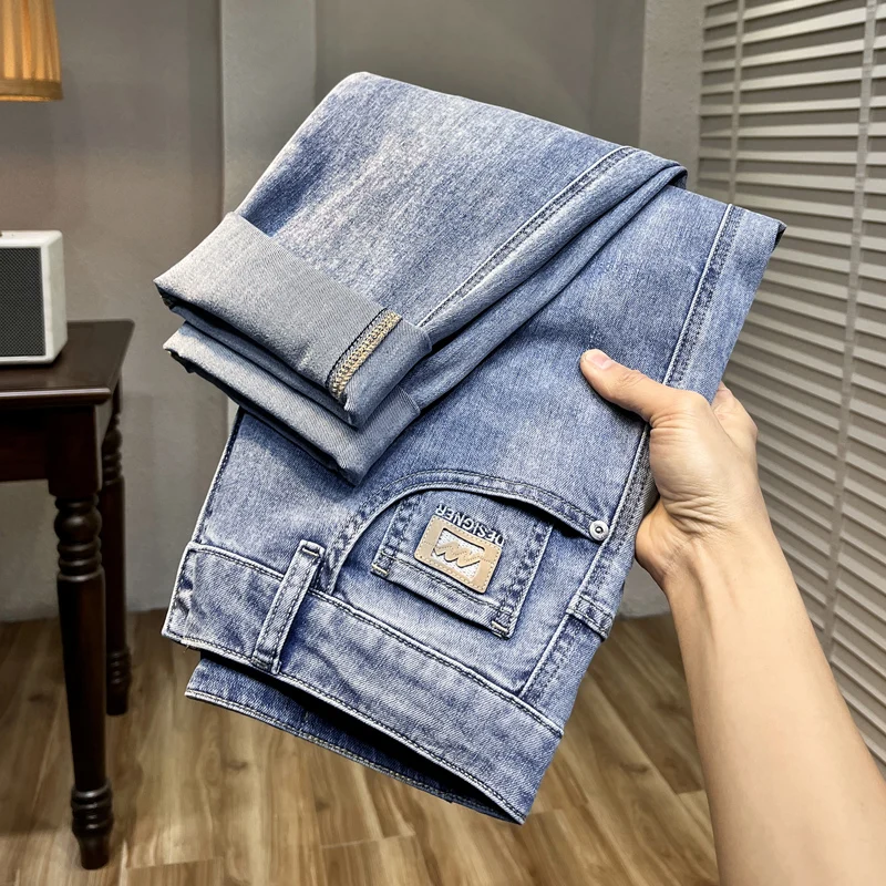 

Summer Thin Embroidered Jeans Men's Trendy Loose Fit Nine-Piece Elastic Casual Versatile Long Pants Cotton Stretch Denim