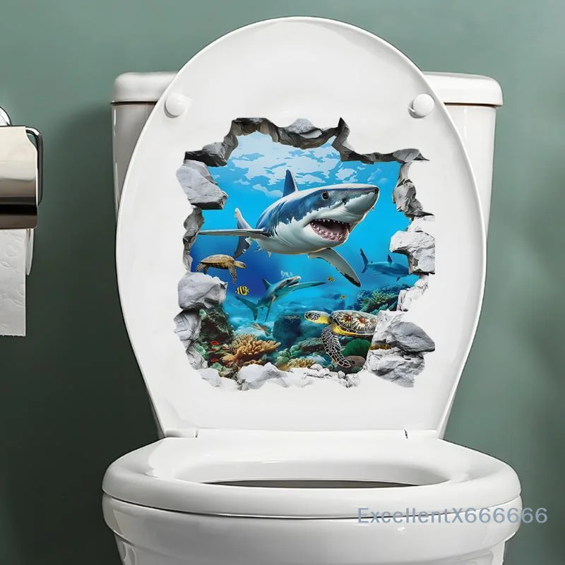 Breaking The Wall Shark Toilet Sticker Bathroom Beach Floor Decal Waterproof Anti Slip Removable Seashore Bathtub Decor
