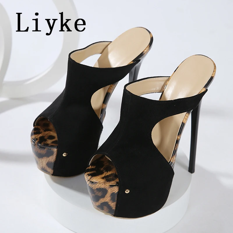 Liyke Street Style Women Sexy 6CM Platform Slippers Sandals Summer Leopard Print Peep Toe Super High Heels Party Stripper Shoes