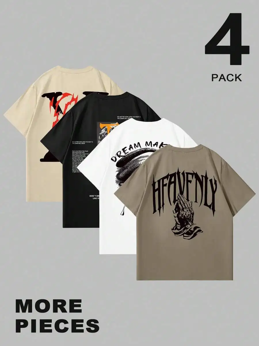 

Набор из 4 мужских повседневных футболок с графическим принтом, с коротким рукавом и круглым вырезом, из эластичного хлопкового смесового материала, в уличном стиле