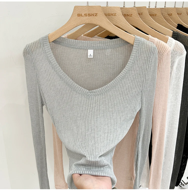 2026 Sommer Neuer Lässiger Stil Transparentes Dünnes Durchsichtiges Überzug-Top Damen T-Shirt V-Ausschnitt Sonnenschutz Langarm T-Shirt – Detail 20