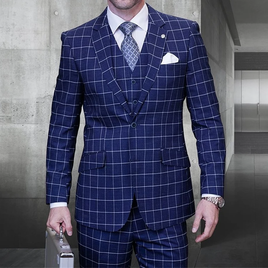 

Elegent Royal Blue Plaid Suits For Mens Peak Lapel Bussiness Blazer Daily Slim Fit 3 Piece Jacket Vest Pants Terno Masculino