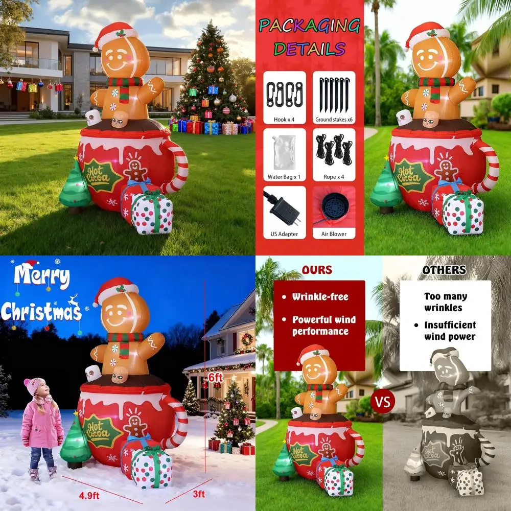 

Giant 6-Foot Gingerbread Man Inflatable, Adorable Outdoor Christmas Decor, Perfect for Lawn and Garden Parties