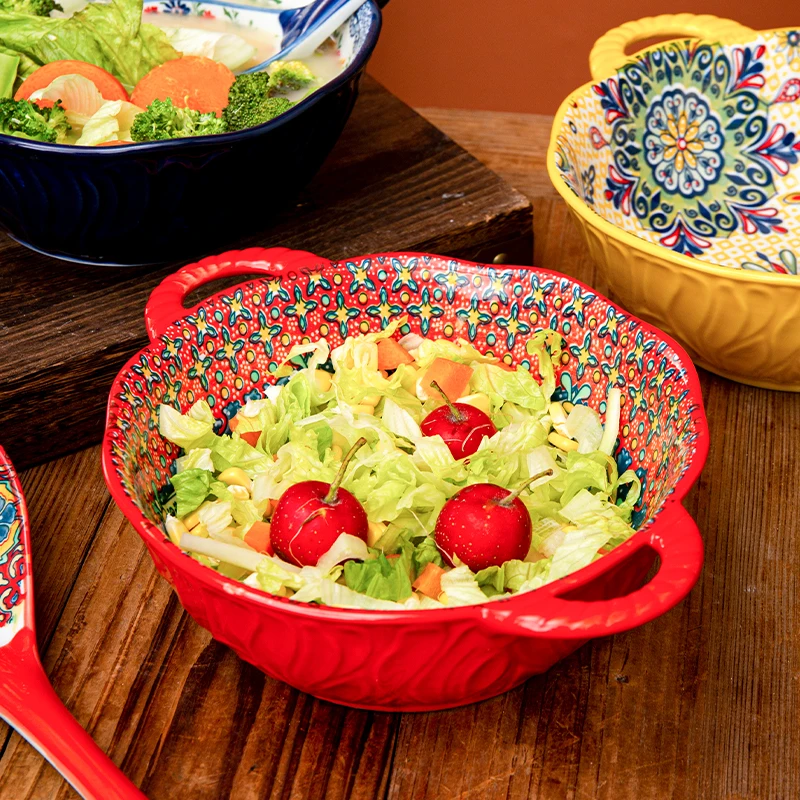8in Ceramic Soup Bowl Double-Ear Soup Bowl Household Good-looking Salad Large Bowl Popular Restaurant Tableware Ramen Soup Bowl