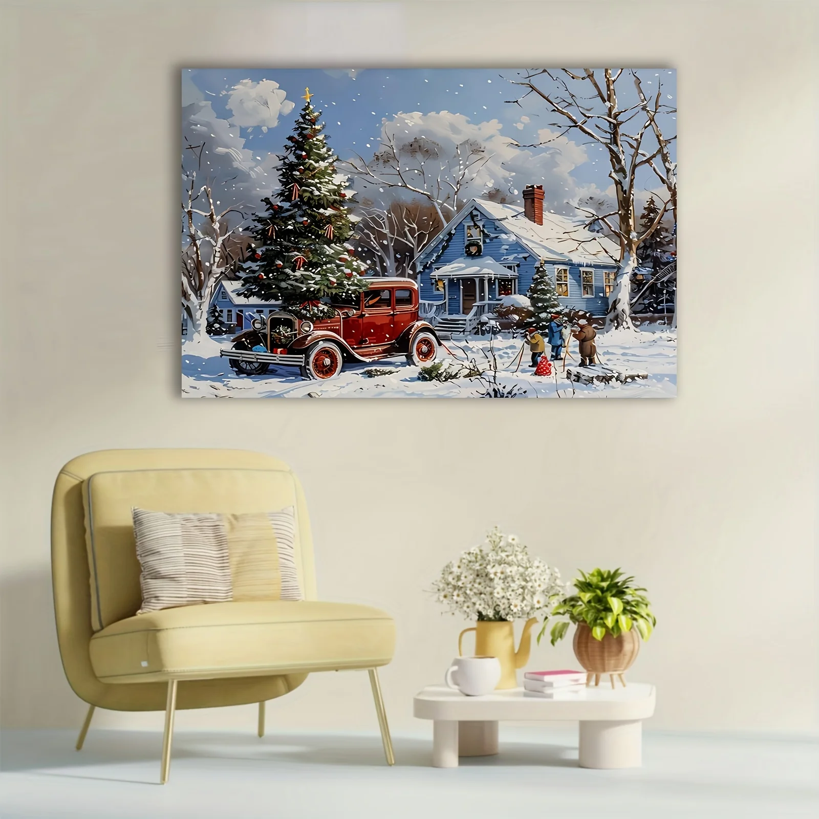 1PC houten ingelijste canvasposters Kerst canvas gedrukte posters Landschappen Wintervakantiebeelden Klaar om op te hangen