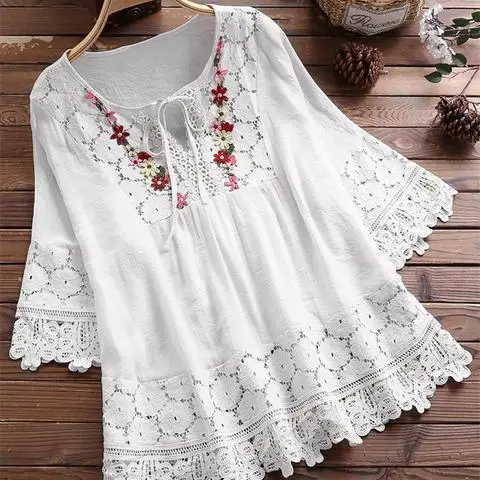 

Linen Patchwork Lace Edge V-Neck Women's Top Summer New Cotton