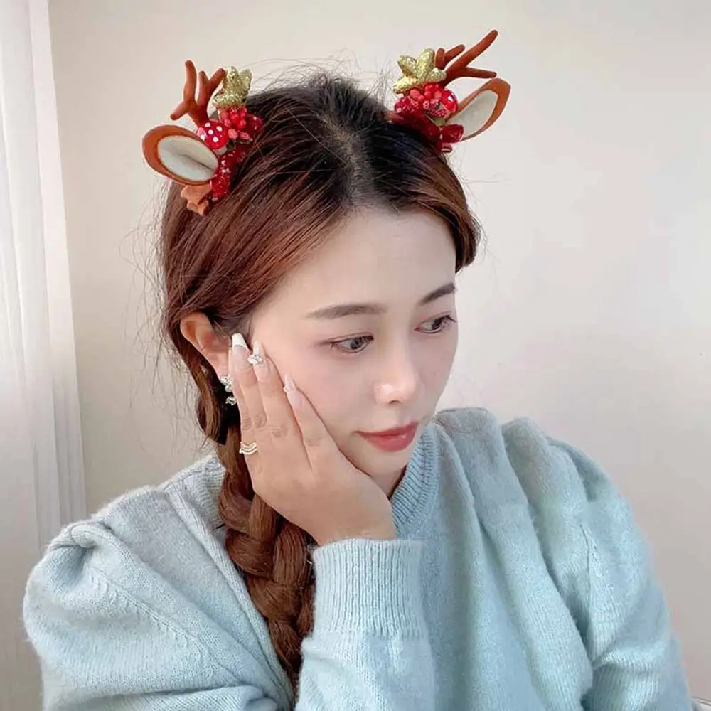 Mushroom Deer Horn Barrette Merry Christmas Decor Christmas Headwear Children Hair Clip Antler Hairpin Elk Hair Hoop