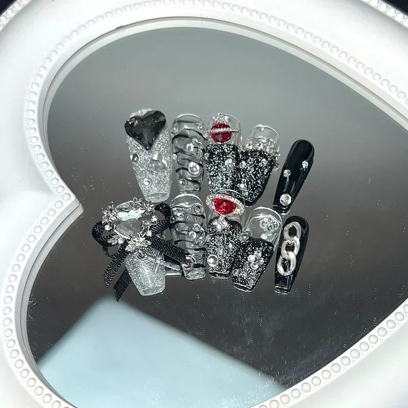 Faux ongles carrés courts roses à pression Y2K, faits à la main, avec colle, paillettes, longs cercueil, réutilisables, couverture complète, pointes d'ongles