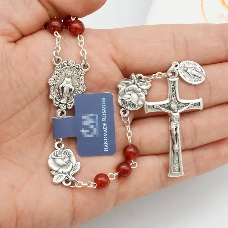 Cross Pendant Necklace Natural Red Black Agate 6mm Beads Rosary Religious Miraculous Charm Jewelry Men Woman Trend 2024 ﻿