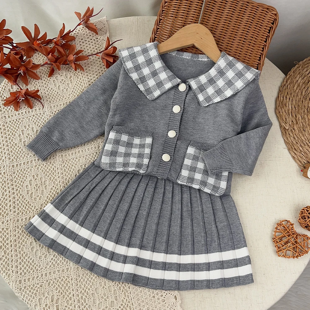 2-6-year-old-korean-version-sweet-children's-clothing-autumn-winter-sweater-girls-clothes-long-sleeved-checkered-top-short-skirt