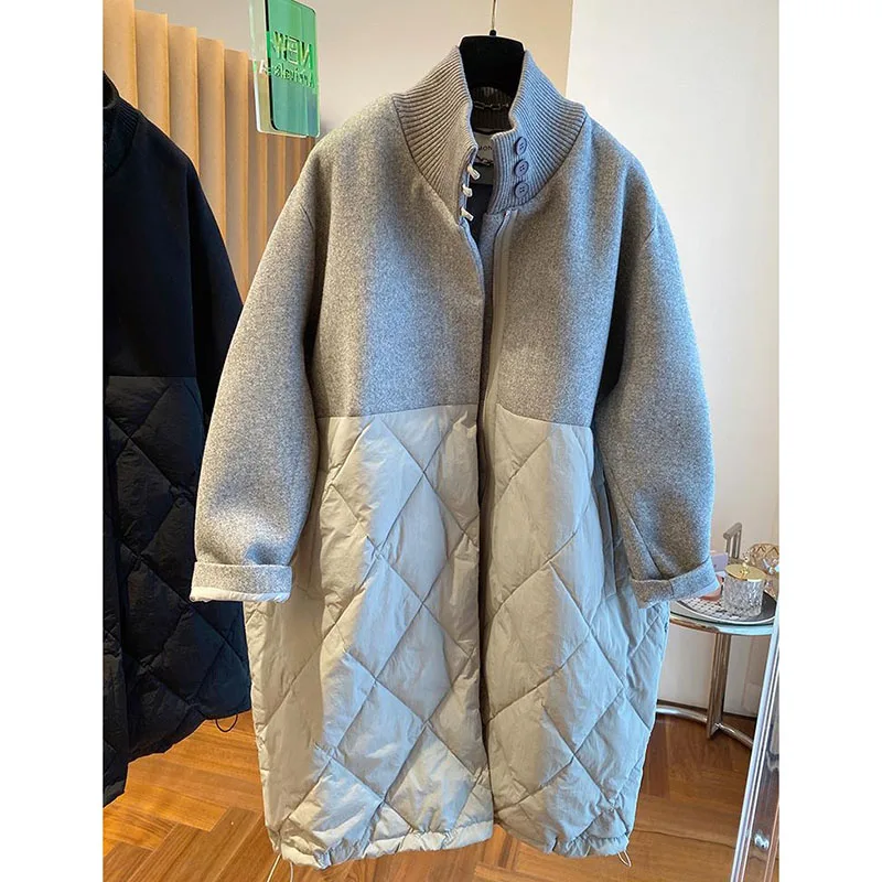 Parkas Woolen Stitching Down Cotton Coats Women\'s 2025 New Loose Cashmere Jackets Winter Fashion Long Sleeve Warm Outwear Female