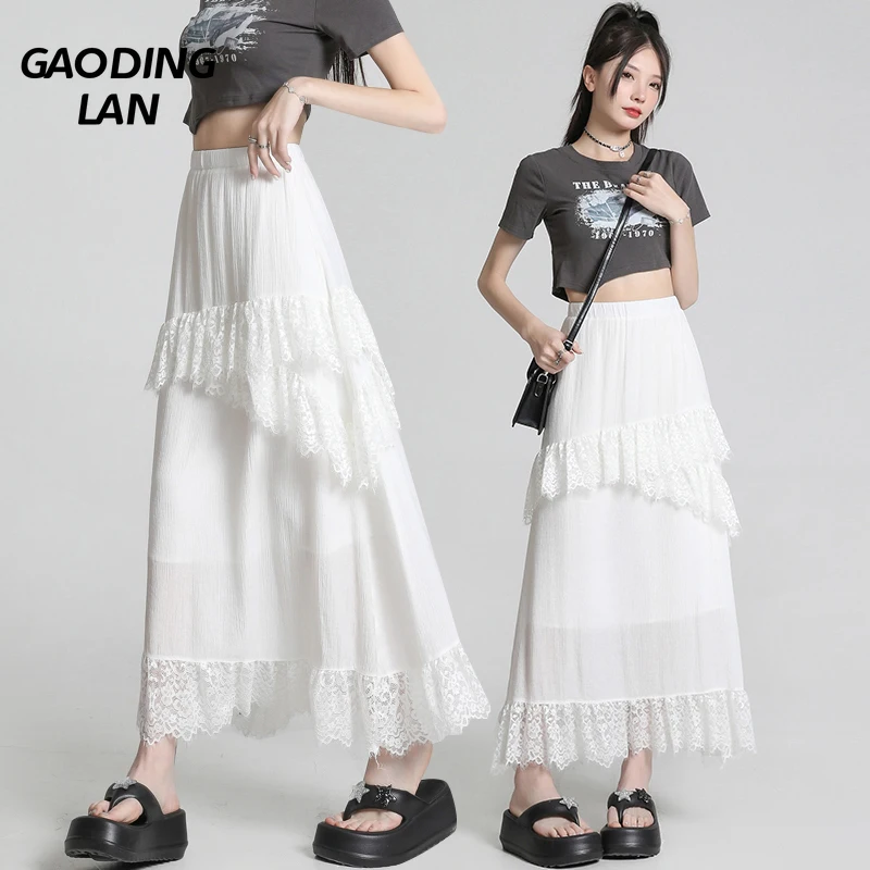 

GAODINGLAN Elastic High Waist Solid White Skirt Women Temperament A Line Lace Skirts Summer Elegant Female Slim Fit Skirt Korean