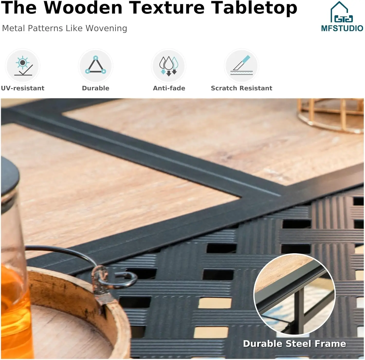 Outdoor Patio Dining Table for 6, Rectangular Patio Furniture Table with Metal Frame and Immitation Top, Adjustable Umbrella Hol