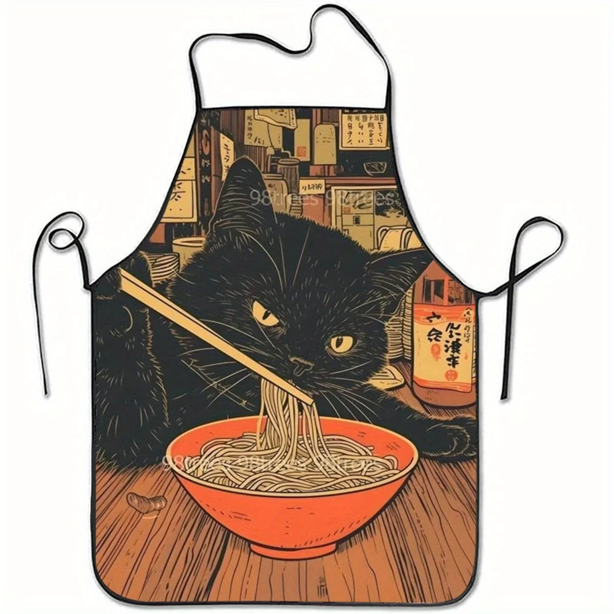 Black Cat Eating Ramen Fun Apron, Sturdy & Durable, Versatile for Kitchen, Restaurant & Housework Apron