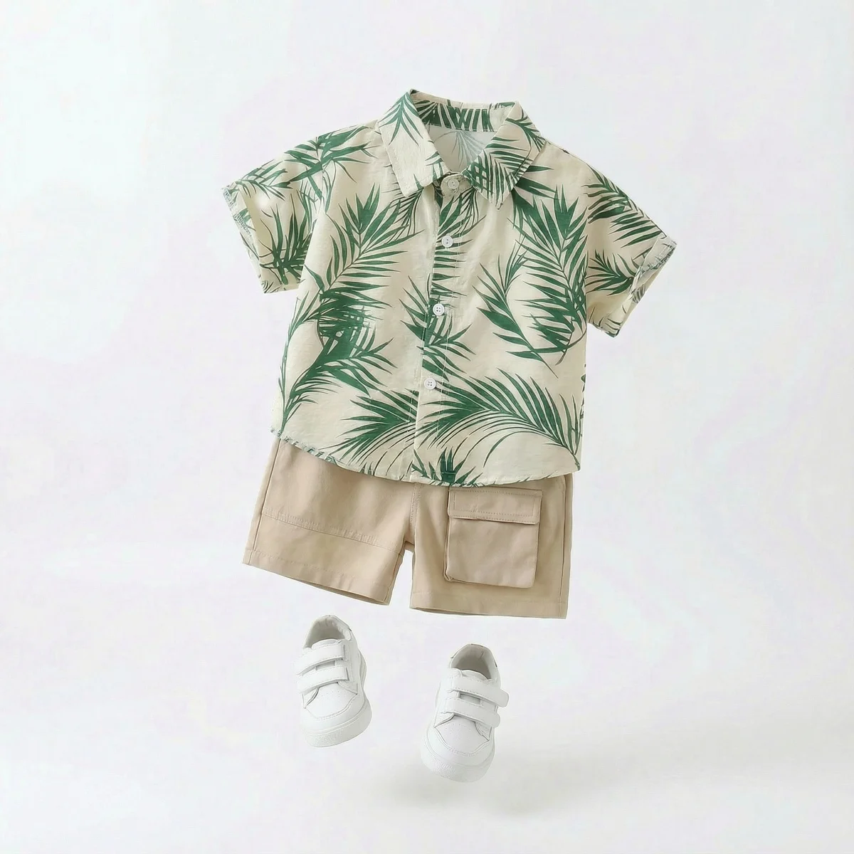 Toddler Baby Boys 2Pcs Summer Outfit Tropical Palm Leaf Print Short Sleeve Button Down Shirt + Khaki Cargo Shorts Set Kids Casual Holiday Beach Clothing Suit for 0-5Y Boys