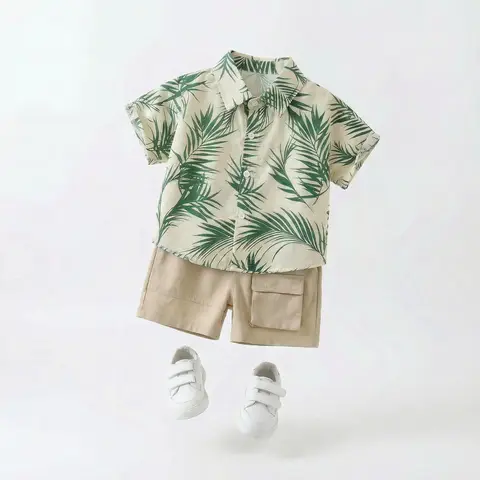Toddler Baby Boys 2Pcs Summer Outfit Tropical Palm Leaf Print Short Sleeve Button Down Shirt + Khaki Cargo Shorts Set Kids Casual Holiday Beach Clothing Suit for 0-5Y Boys