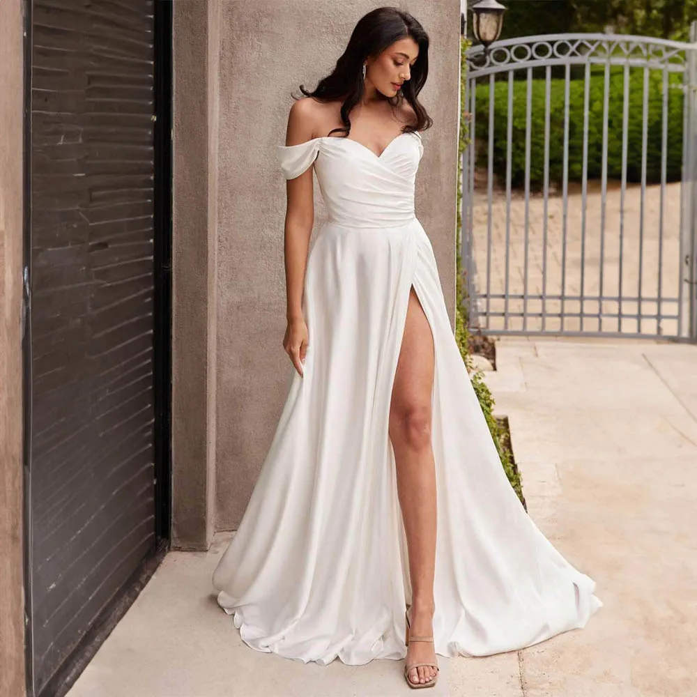 

Simple Off Shoulder Pleated Wedding Dresses with Side Split Backless A-line Court Bridal Gown vestido de novia