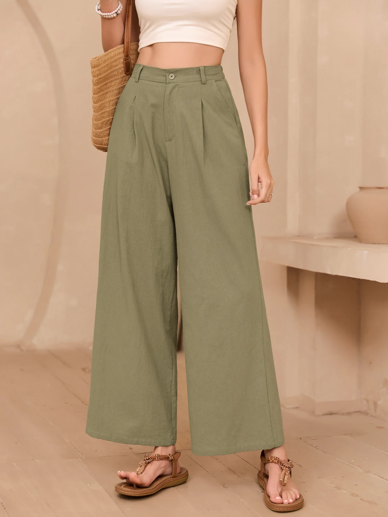 Elegante Einfarbige Leinenhose mit Weitem Bein für Damen Hochgeschnittene Fließende Lässige Sommer Lose Schlankmachende Lange Hose Frühling Herbst – Detail 8