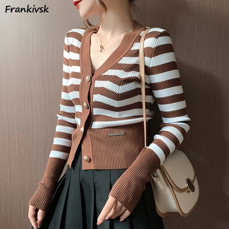 

Striped Cardigan Women V-neck Korean Commuting Style Knitwear Slim Pnaelled Minimalist Slouchy Daily All-match Advanced Street